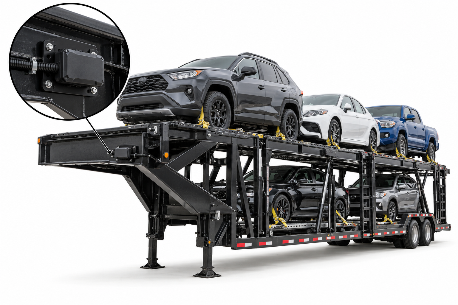 Car hauler with GPS tracker mounting spot shown in close-up