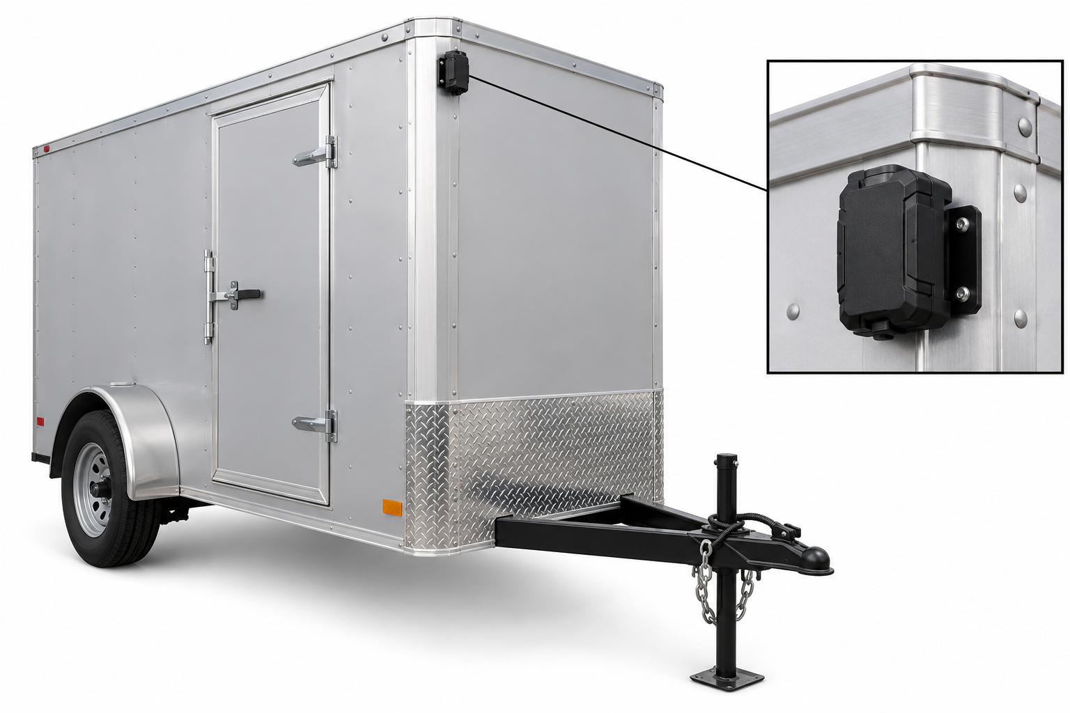 Enclosed cargo trailer with GPS tracker mounting spot shown in close-up