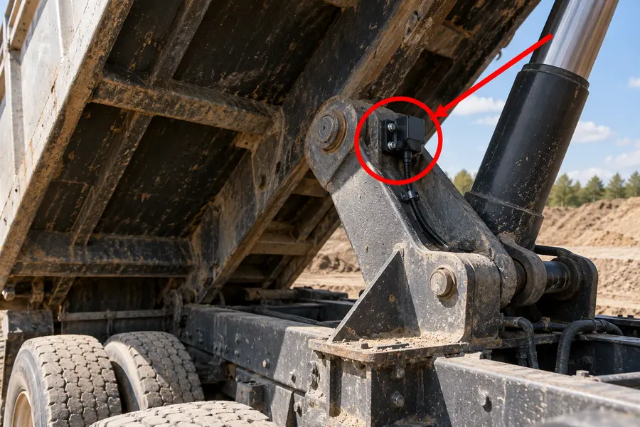 Illustration of a dump body up sensor with the monitored part marked