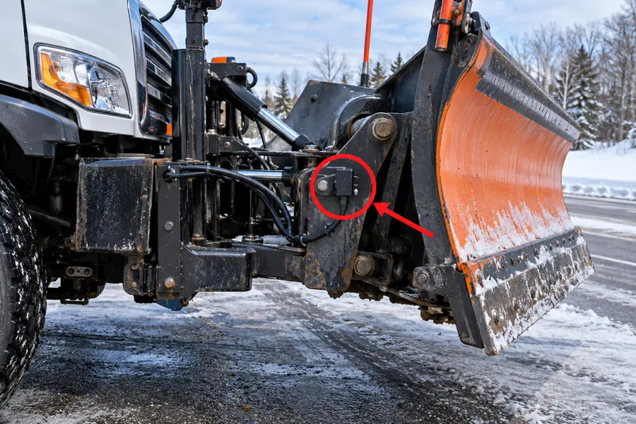 Illustration of a front plow blade with the monitored part marked
