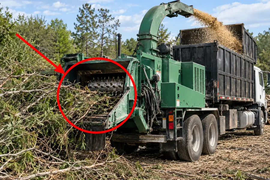 Illustration of a mobile shredder with the monitored part marked