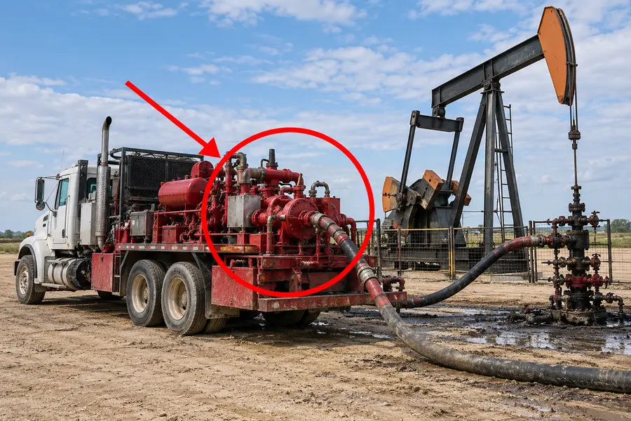 Illustration of oil field pump truck with the monitored part marked