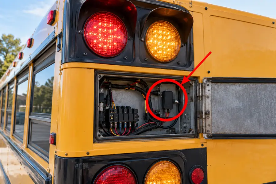 Illustration of a school bus warning lights with the monitored part marked