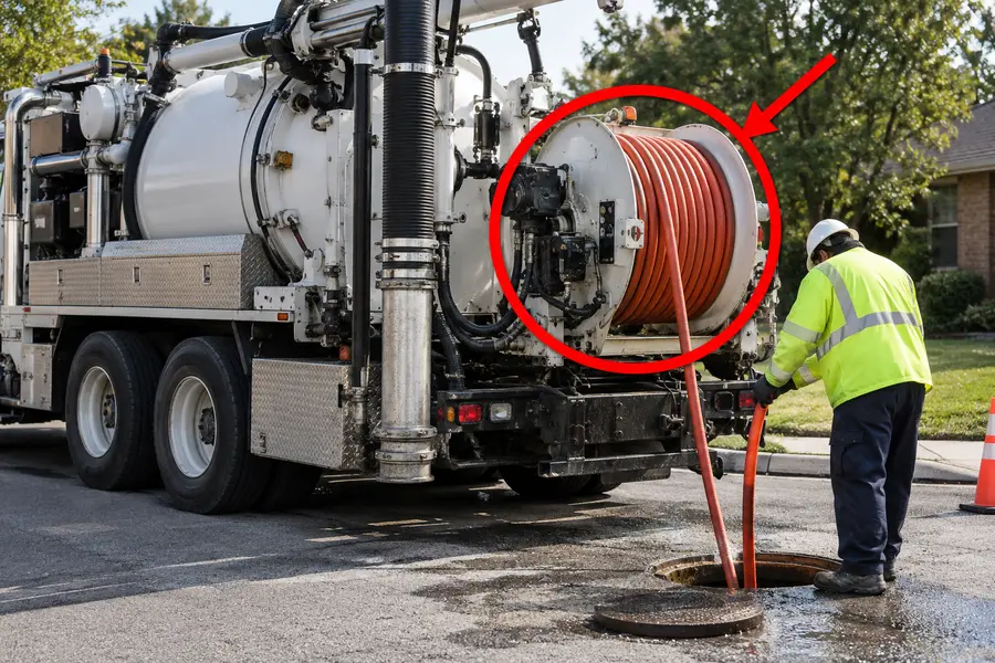 Illustration of sewer jetter with the monitored part marked