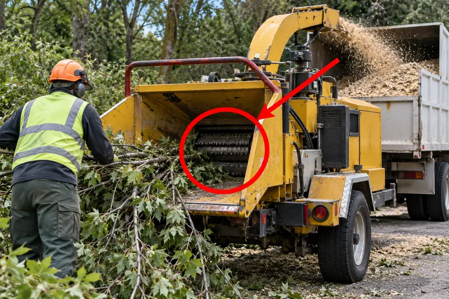 Illustration of a tree chipper with the monitored part marked