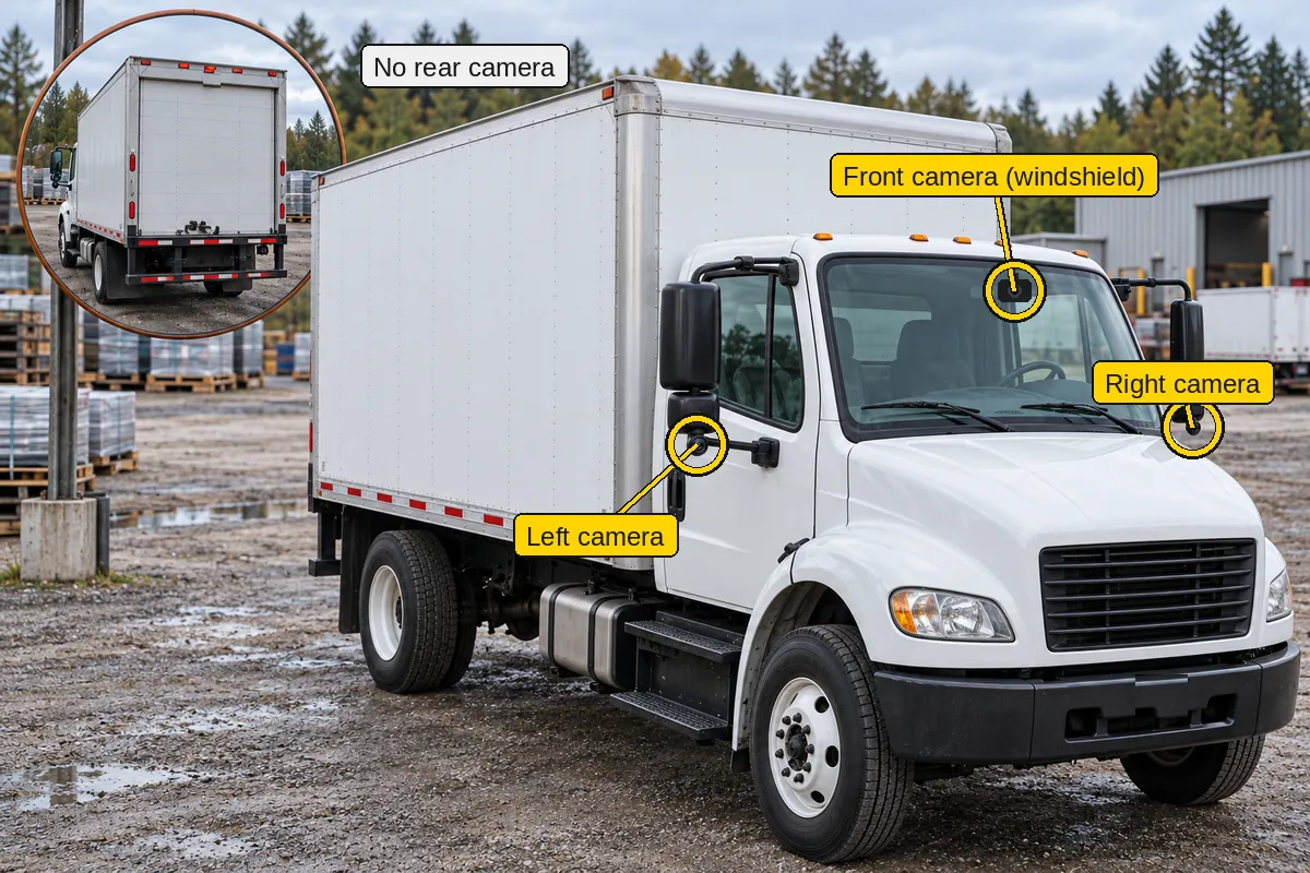 Illustration of the same box truck with a windshield dash cam and cameras under both mirrors, and no rear camera
