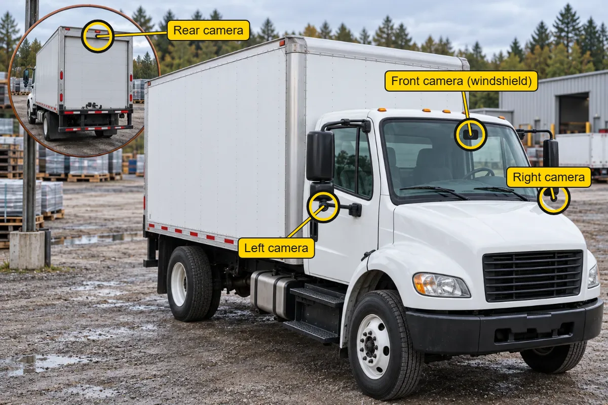 Illustration of a white box truck with a windshield dash cam, cameras under both mirrors and a camera on the rear of the body