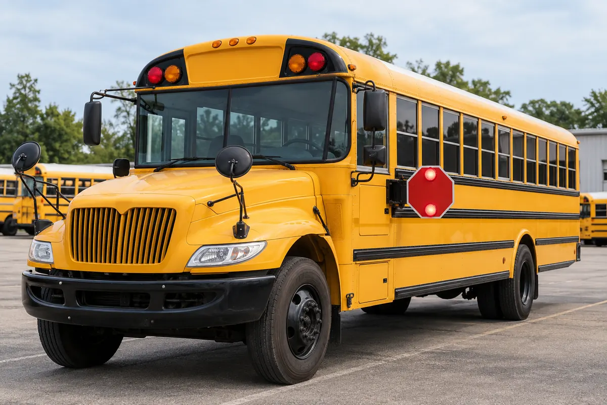 Illustration of a yellow school bus with its stop arm extended