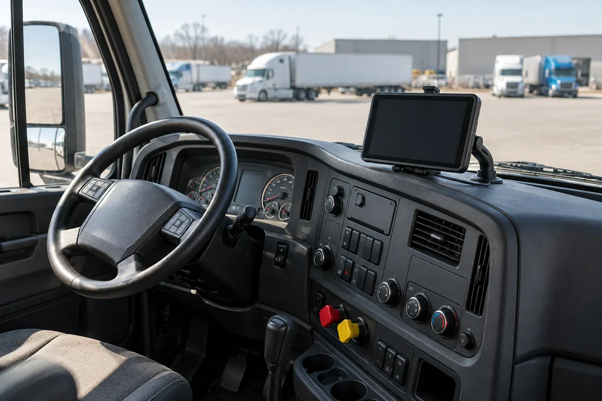 Illustration of a semi truck cab with a tablet mounted on the dashboard for electronic logs