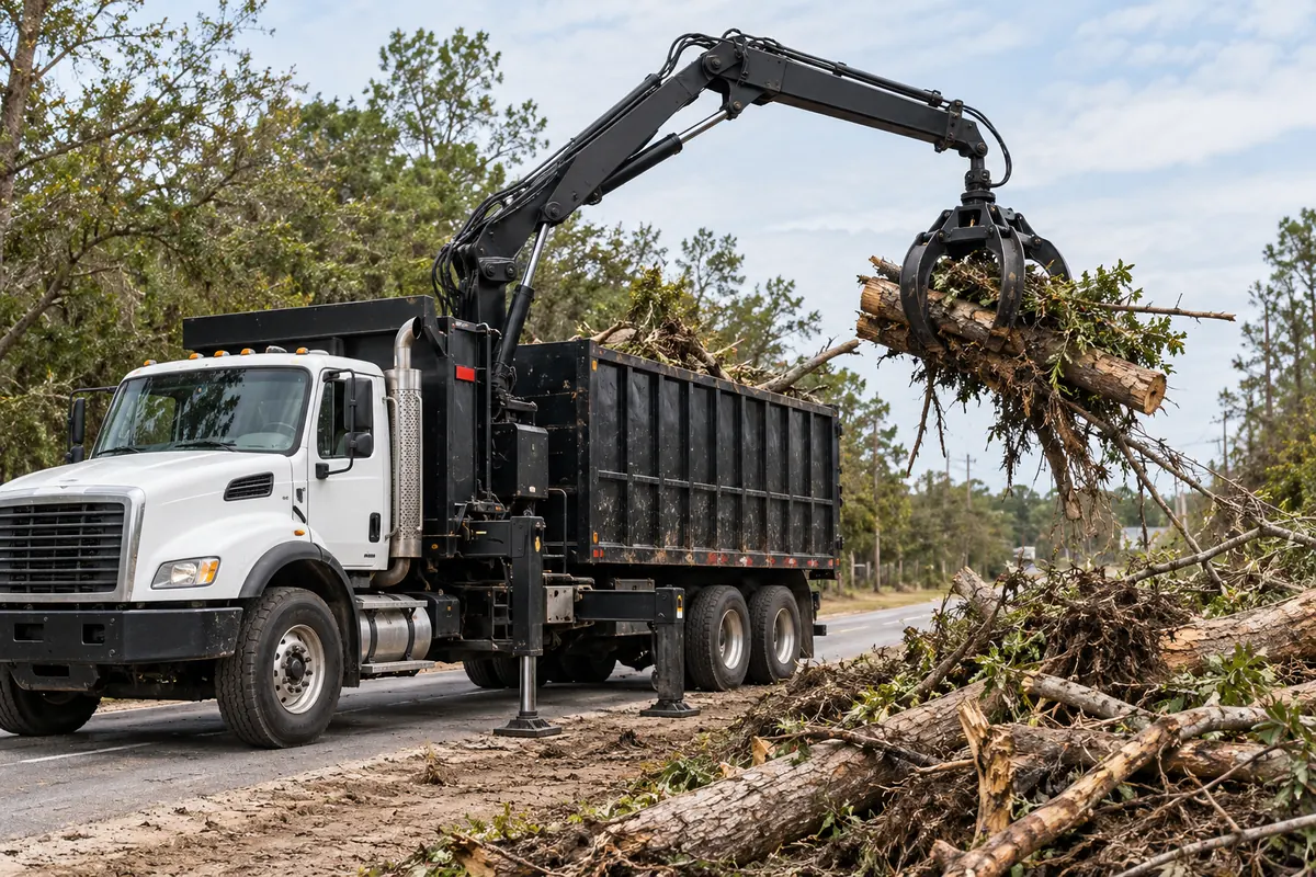 Illustration of a grapple truck with its knuckle boom loader lifting brush into a dump body