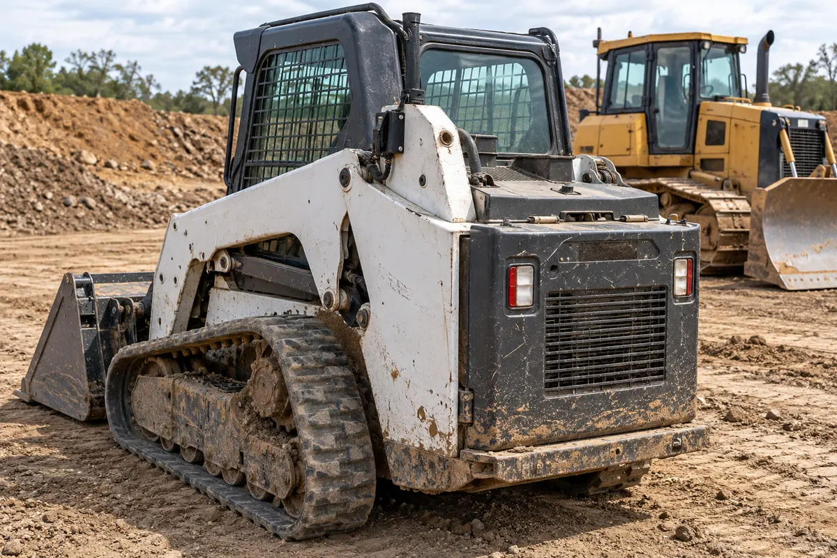 Illustration of a skid steer with a small GPS tracker on the frame behind the cab, with a bulldozer behind it on a dirt job site