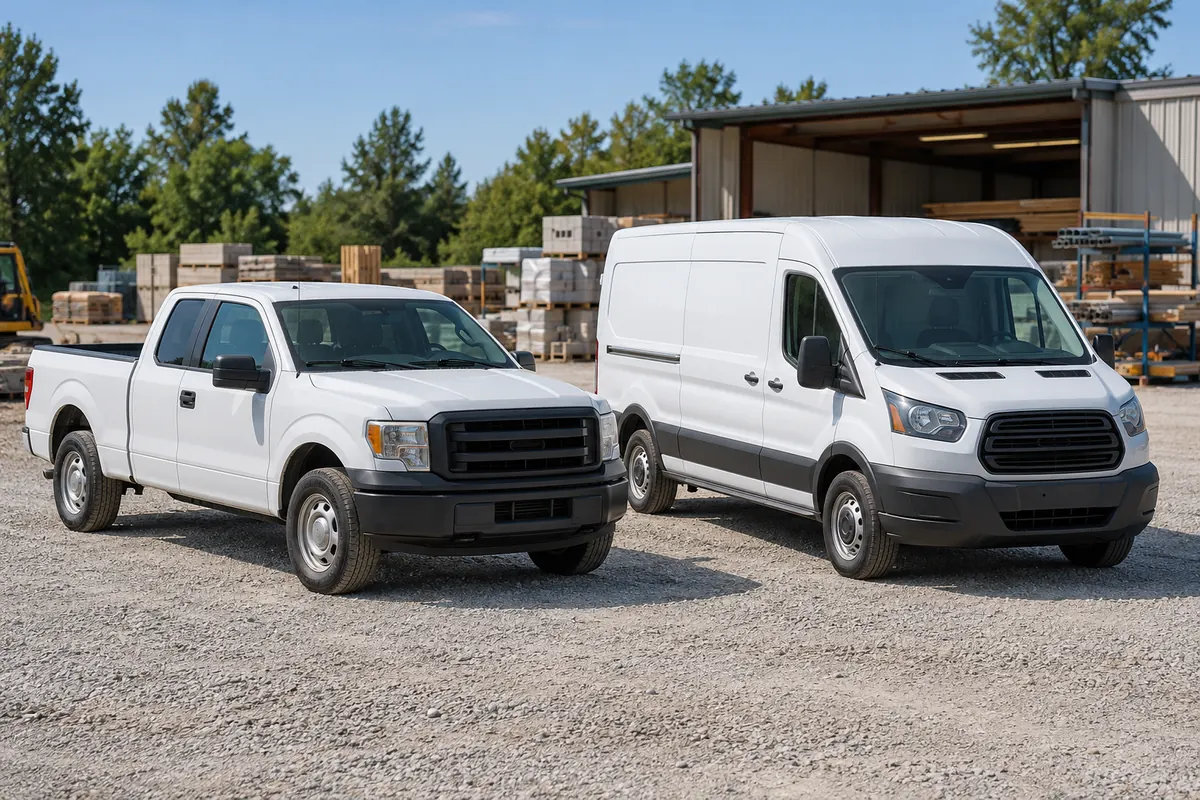 Illustration of a white work pickup and a white cargo van parked in a contractor yard