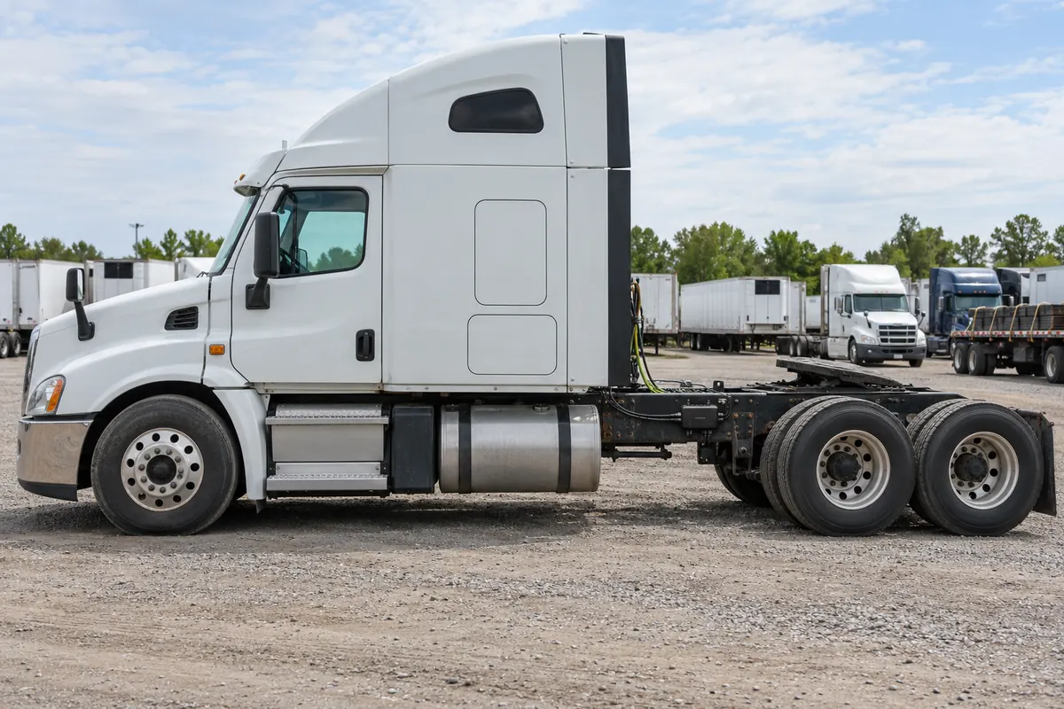 Illustration of a white semi tractor parked at a truck yard with a small GPS tracker on the frame behind the cab