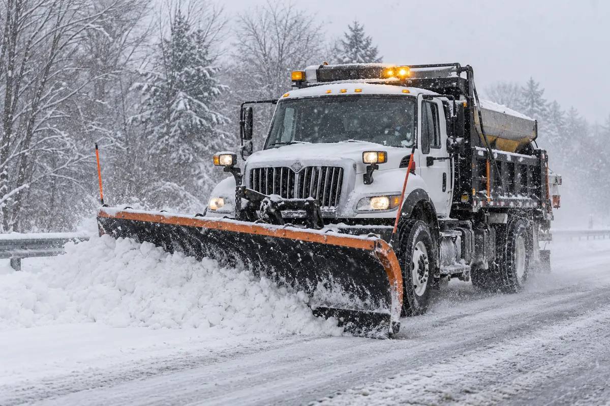 Illustration of a dump truck with a front snowplow blade down clearing a snowy road