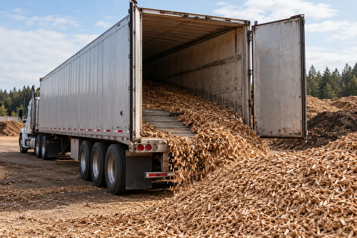 Illustration of a walking floor trailer unloading wood chips out of its open rear doors