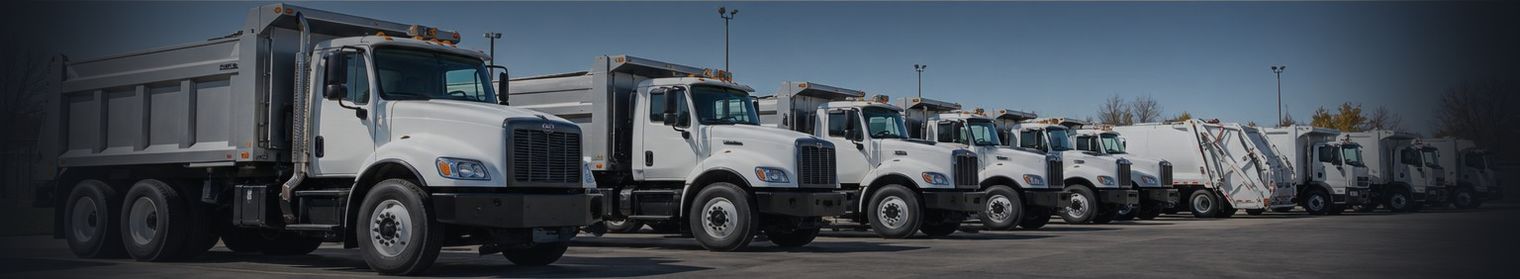 Municipal dump trucks and sanitation vehicles staged in a fleet yard