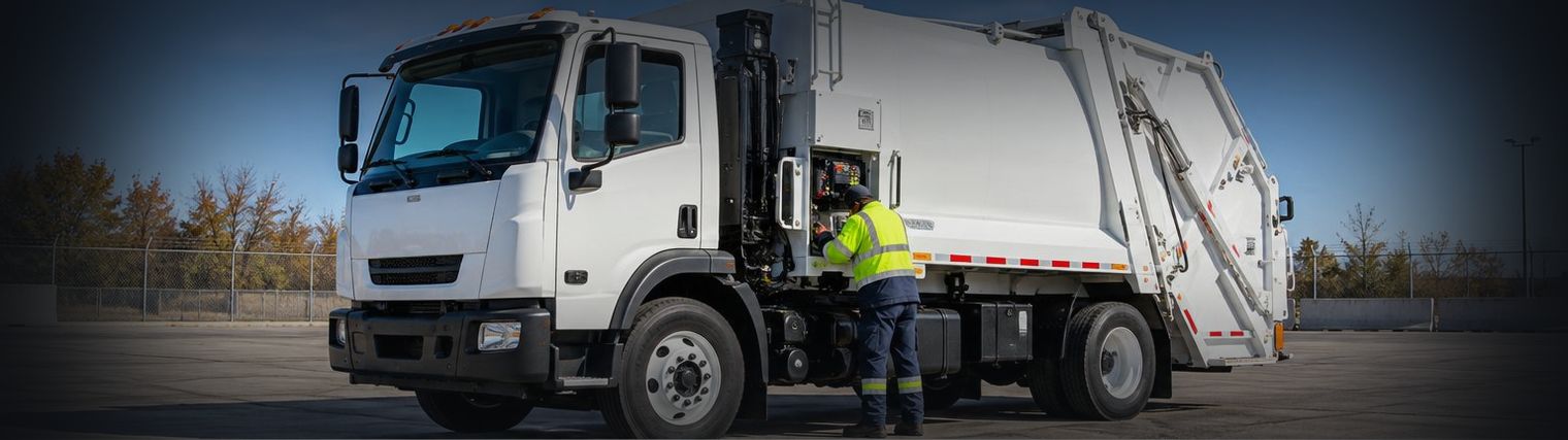 Technician installing telematics hardware on a municipal sanitation truck in Sumter, SC
