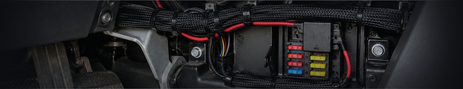 Fused and loomed twelve-volt wiring installed behind a vehicle dash panel