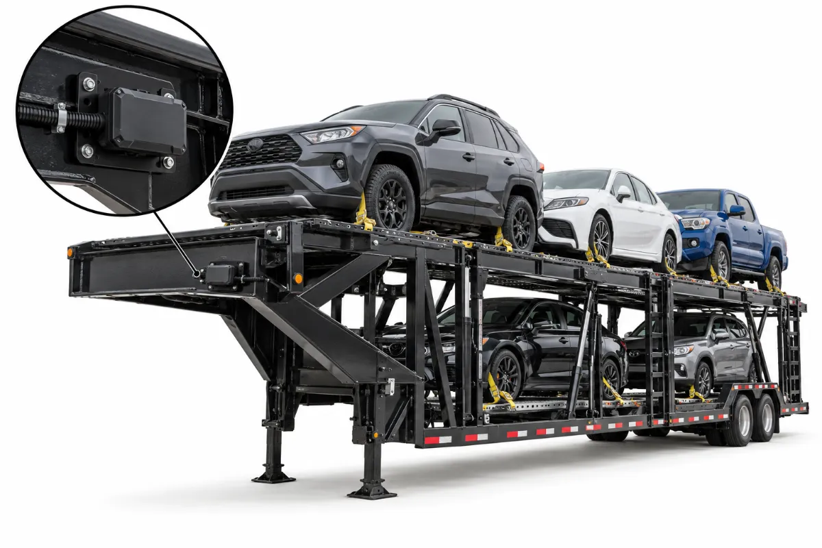 Illustration: GPS tracker mounting spot on a car hauler, on the frame at the front of a car hauler