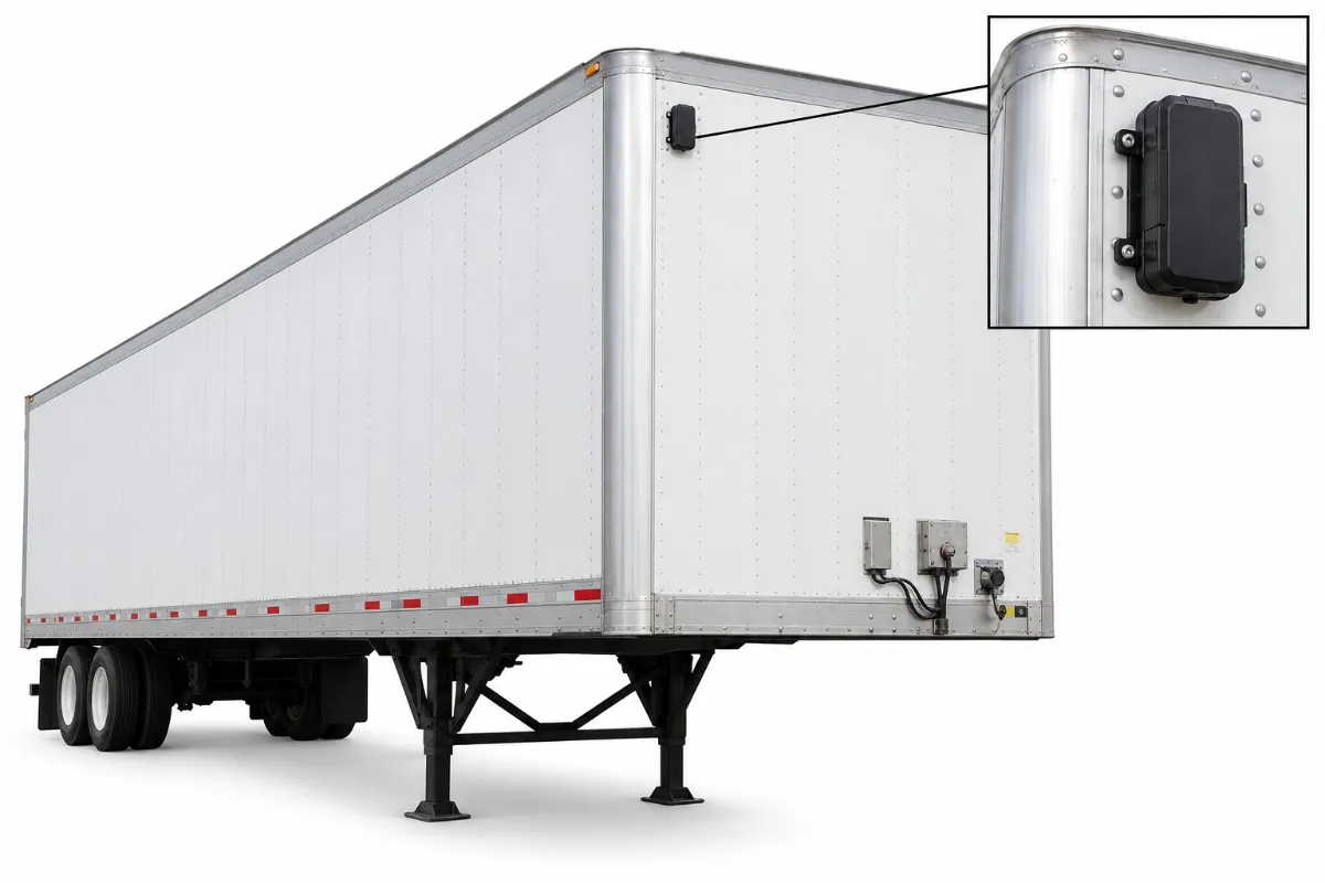 Illustration: GPS tracker mounting spot on a dry van trailer, upper front corner of a dry van