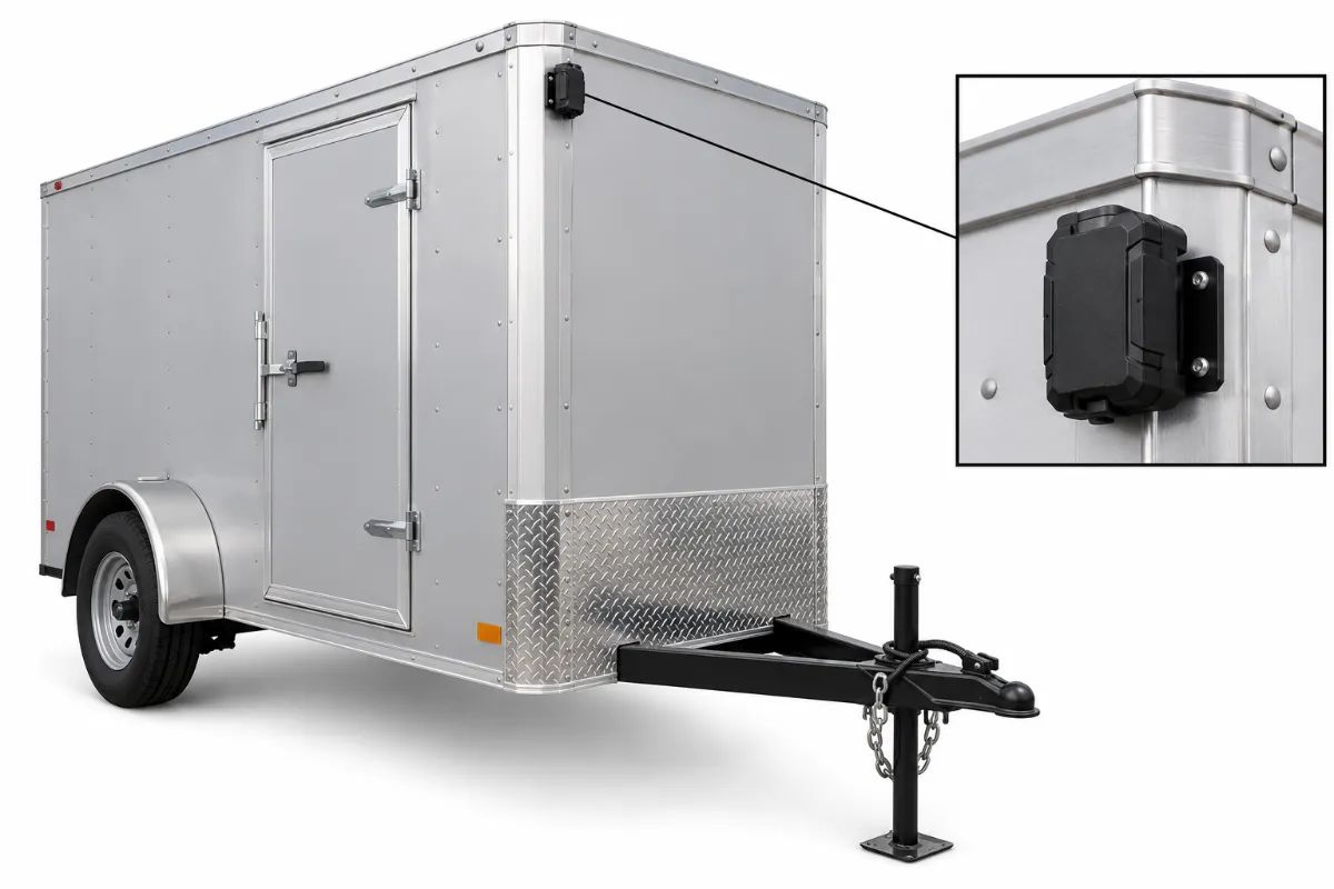 Illustration: GPS tracker mounting spot on an enclosed cargo trailer, front corner of a small enclosed trailer