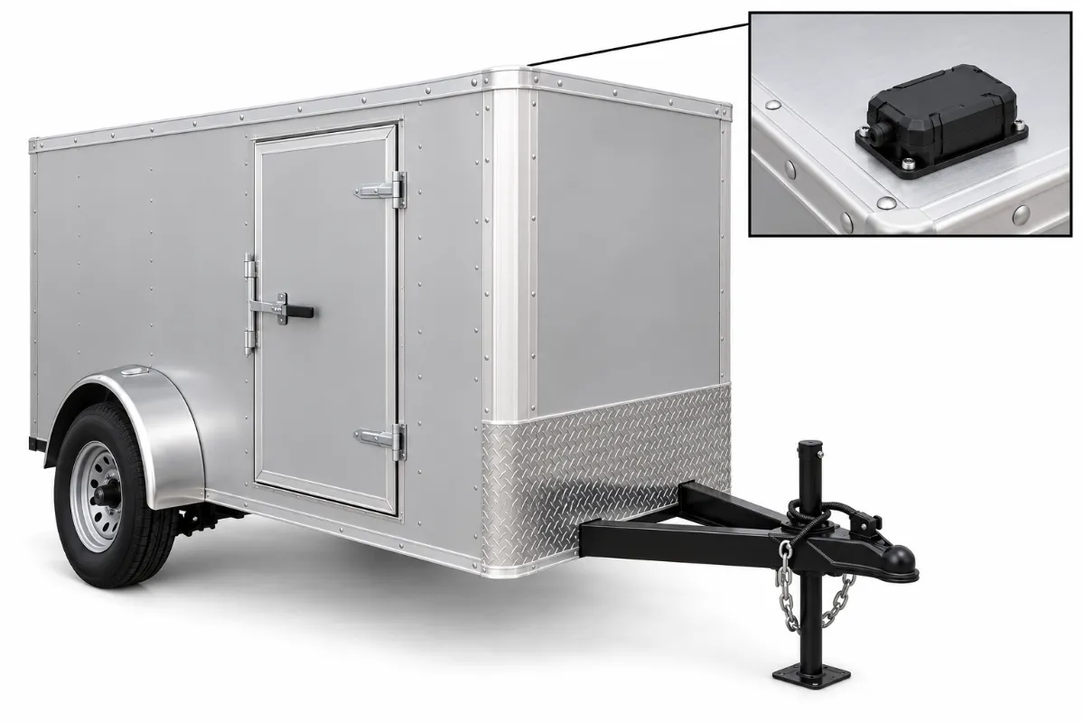 Illustration: GPS tracker mounting spot on an enclosed cargo trailer, roof corner of a small enclosed trailer
