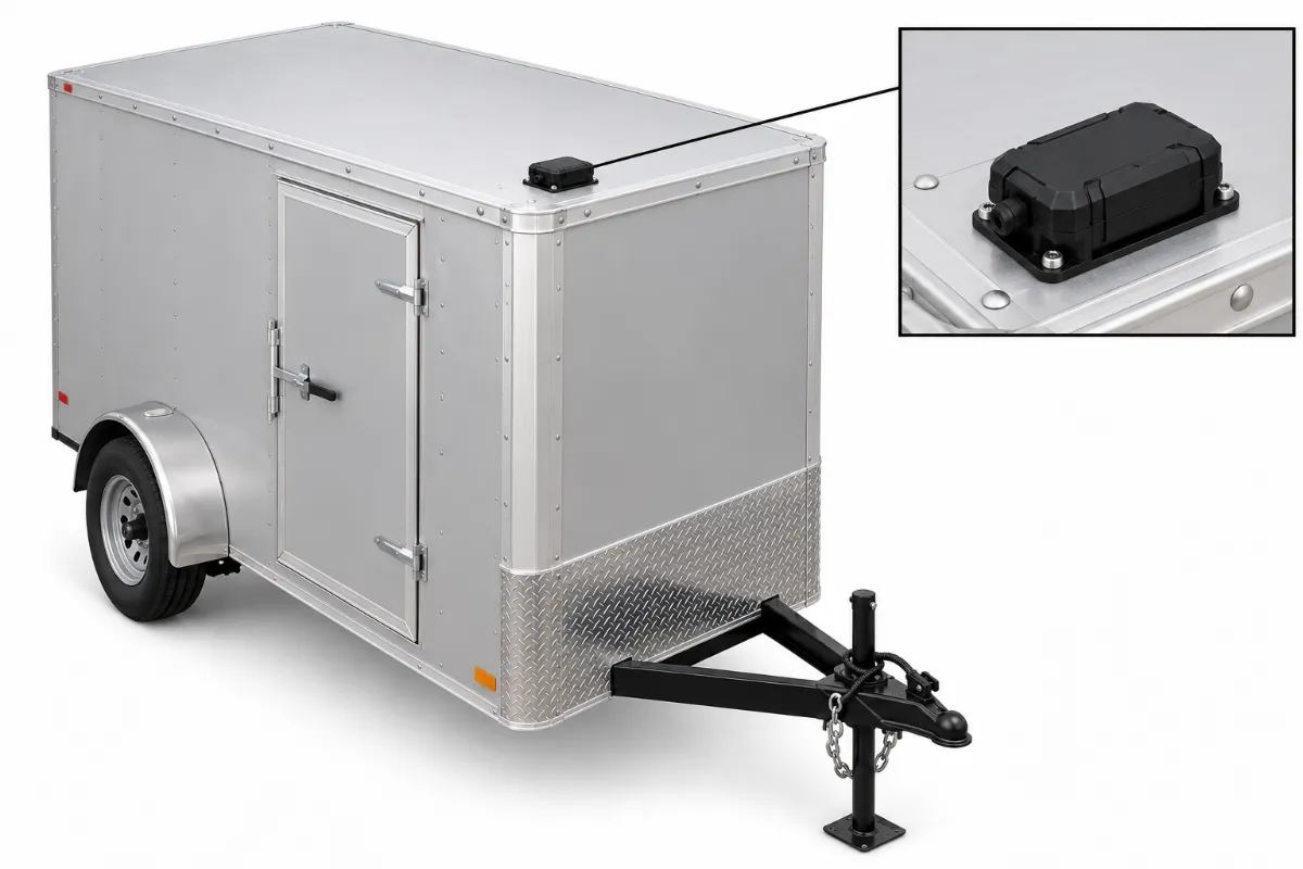 Illustration: GPS tracker mounting spot on an enclosed cargo trailer, on the roof of a small enclosed trailer