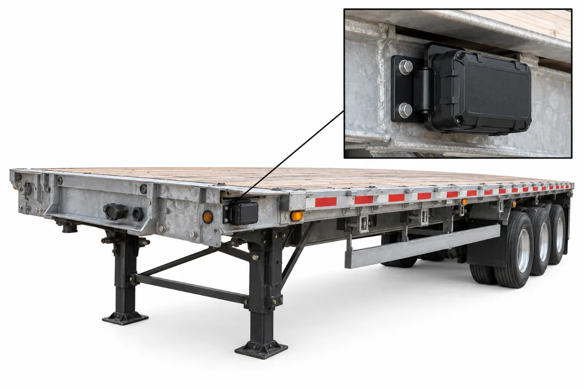 Illustration: GPS tracker mounting spot on a flatbed trailer, under the deck edge at the front of a flatbed