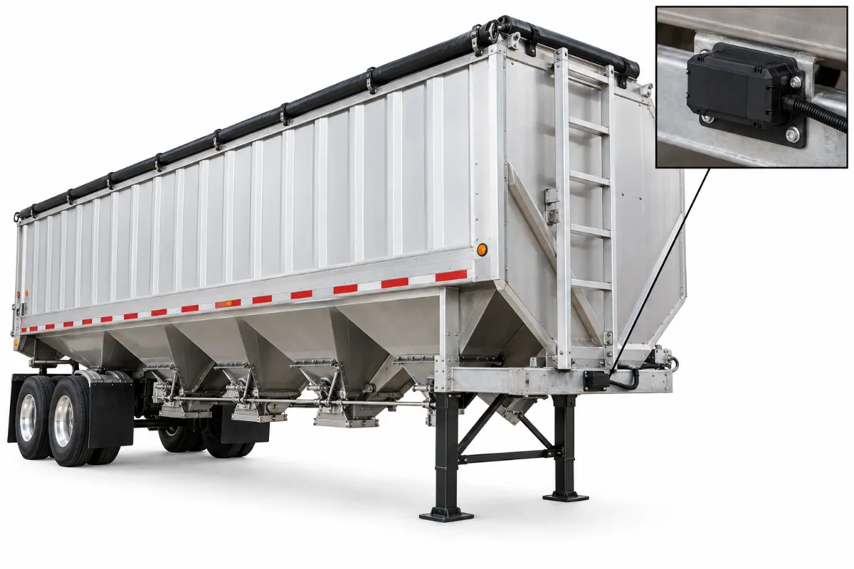 Illustration: GPS tracker mounting spot on a hopper trailer, on the front frame rail of a hopper trailer