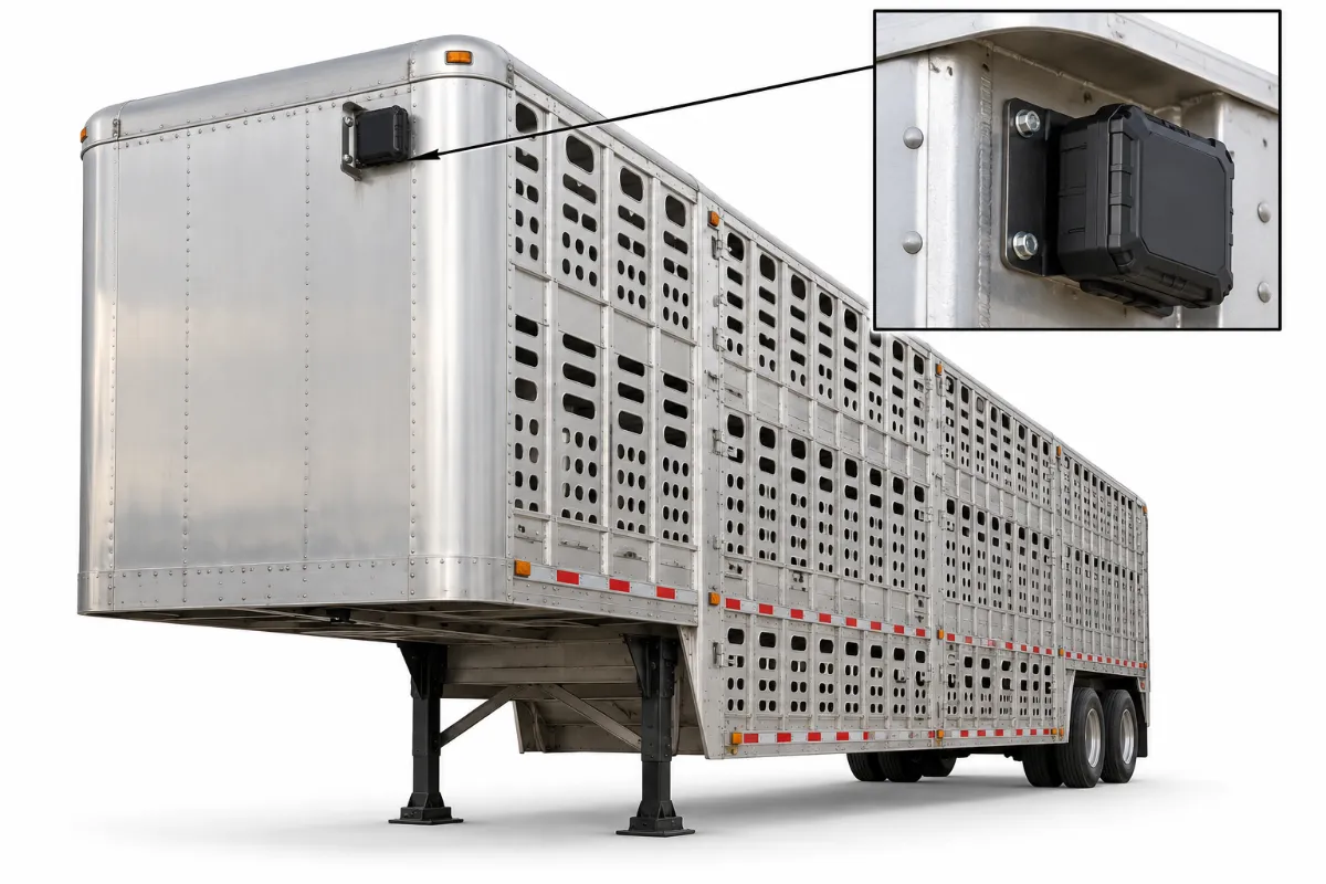 Illustration: GPS tracker mounting spot on a livestock trailer, upper front corner of a livestock trailer