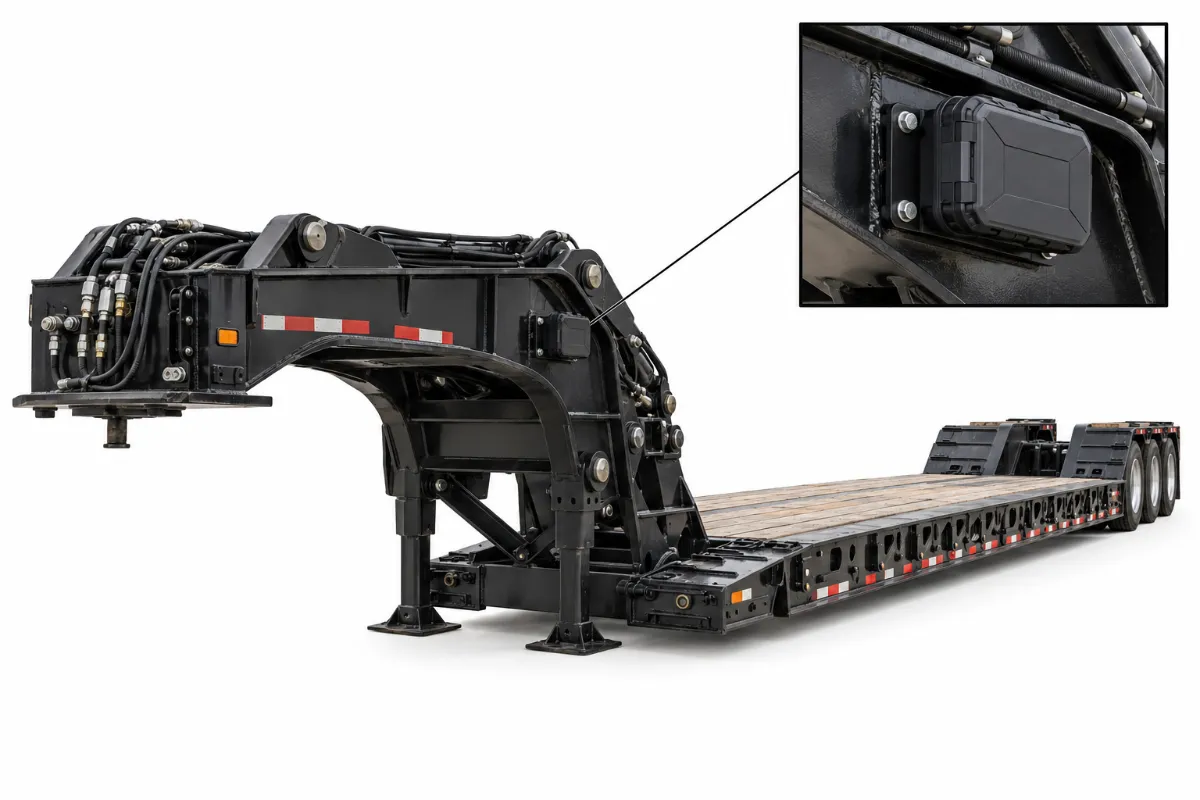 Illustration: GPS tracker mounting spot on a lowboy trailer, on the gooseneck of a lowboy