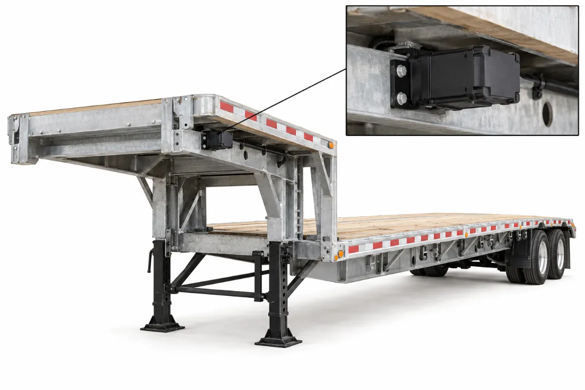Illustration: GPS tracker mounting spot on a step deck trailer, under the upper deck of a step deck
