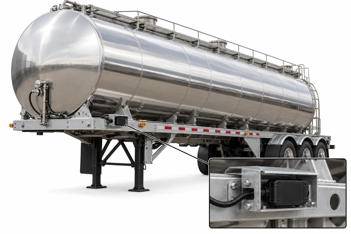 Illustration: GPS tracker mounting spot on a tanker trailer, in a protective bracket on a tanker frame